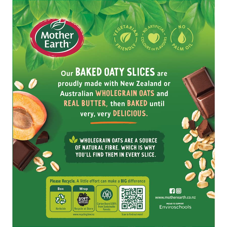 Mother Earth Oaty Slices Apricot Chocolate bars feature chewy oats, dried apricots, and dark chocolate for a healthy snack.