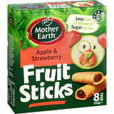 Mother Earth Fruit Sticks featuring apple and strawberry flavors in a soft, nutritious dough, perfect for healthy snacking.