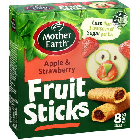 Mother Earth Fruit Sticks featuring apple and strawberry flavors in a soft, nutritious dough, perfect for healthy snacking.