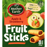 Mother Earth Fruit Sticks packed with real apple and strawberry puree, a vegan snack perfect for lunchboxes and on-the-go.