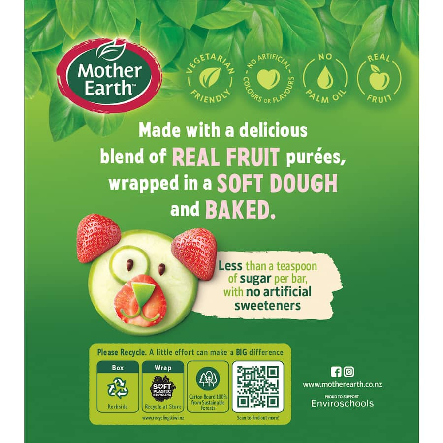 Mother Earth Fruit Sticks with apple and strawberry flavors, made from real fruit puree in soft, nutritious dough.