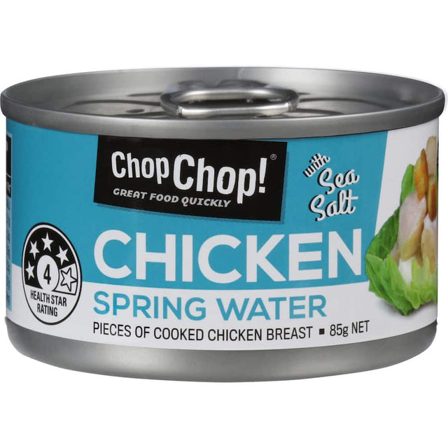 Chop Chop Canned Chicken in Spring Water, ready-to-eat, premium lean protein for quick meals and recipes.