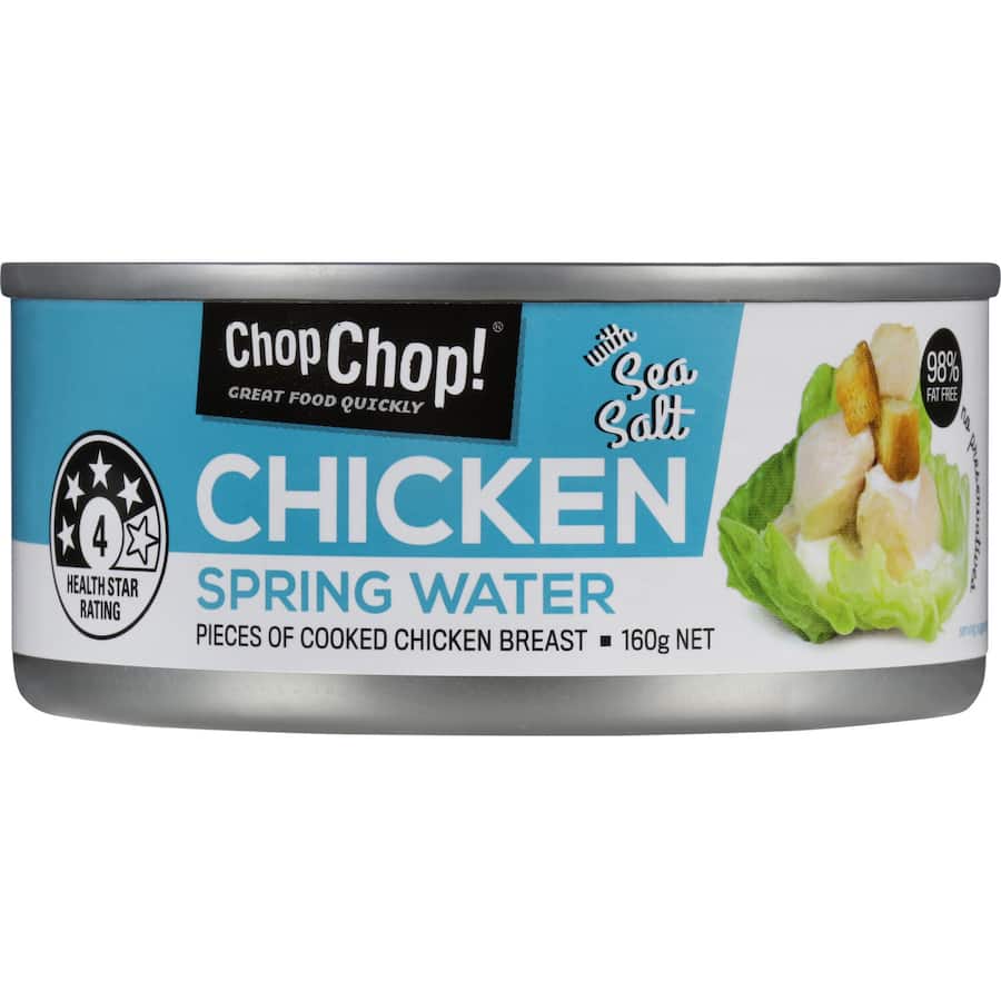 Canned chicken pieces in spring water, perfect for quick meals, high-protein, gluten-free, and BPA-free convenience.