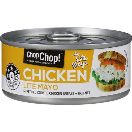 Canned chicken mixed with lite mayo, a high-protein, low-calorie meal solution for quick salads and sandwiches.