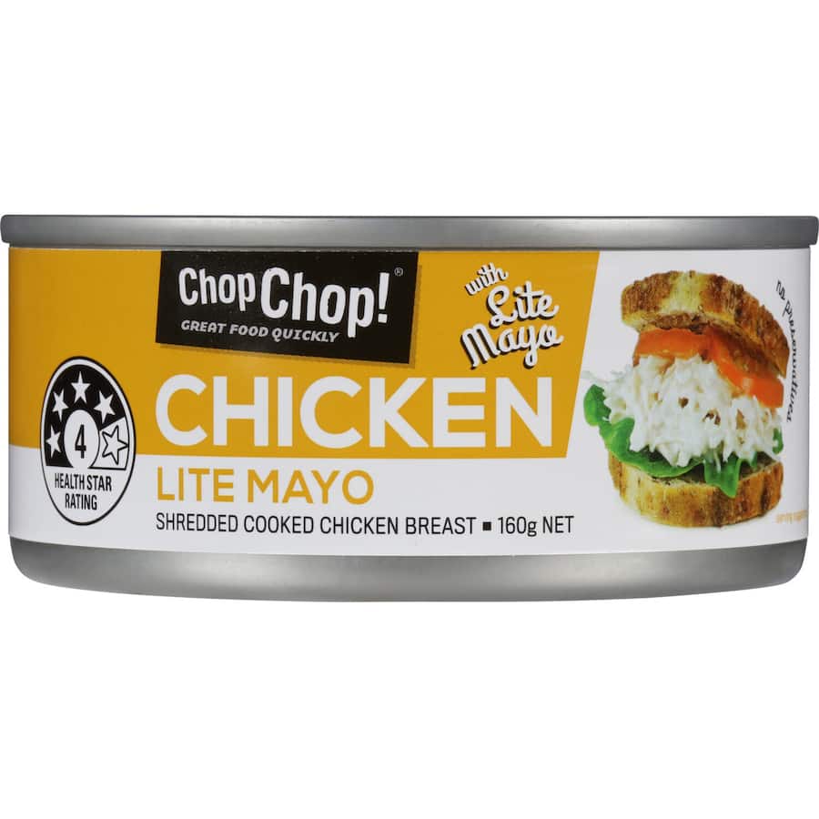 Chop Chop Canned Chicken Lite Mayo: a healthy, lean chicken option with light mayo, perfect for quick meals and high-protein dishes.