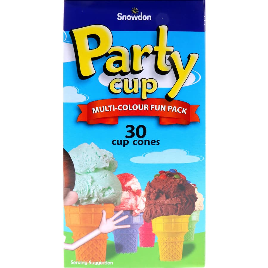 Delicious Snowdon ice cream cones in a party cup, perfect for birthdays and picnics, offering creamy and crunchy indulgence.