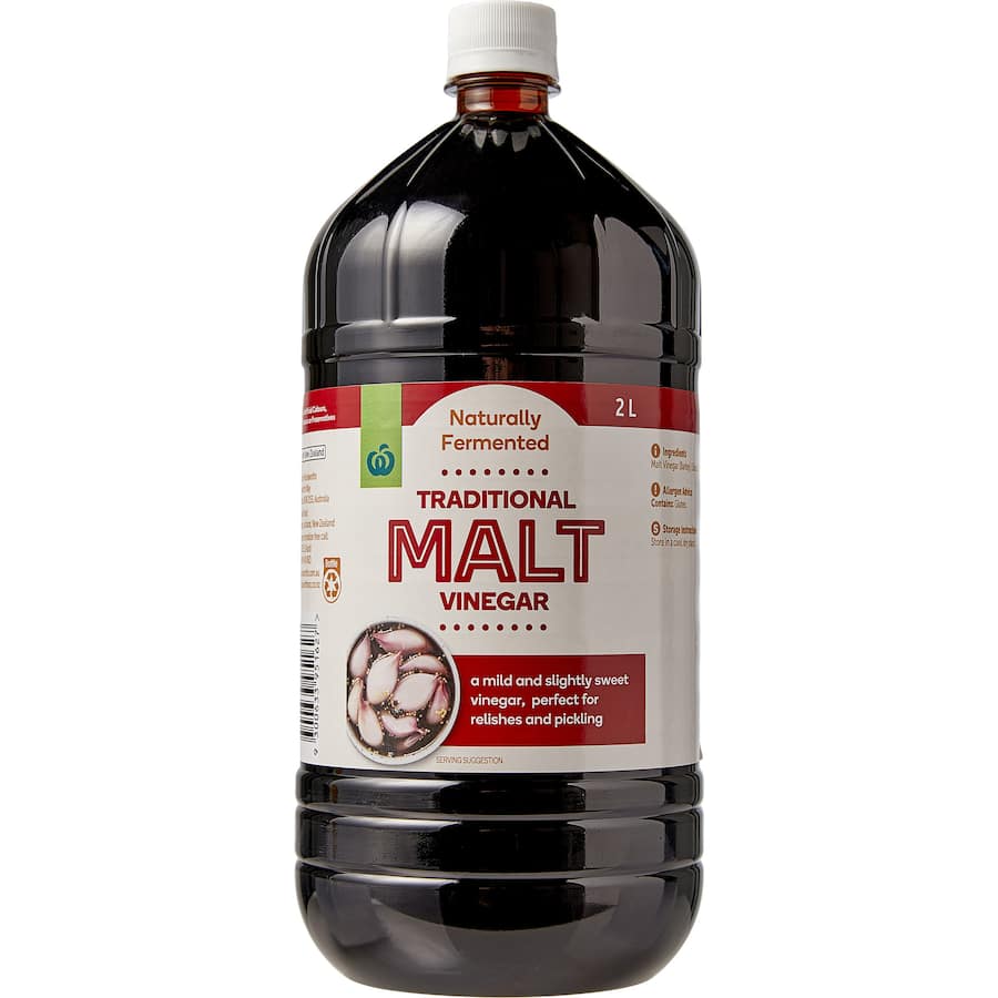 Bottle of Woolworths Malt Vinegar, a versatile condiment for salads, chutneys, and pickles with a mild, tangy flavor.