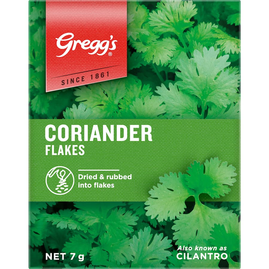 Greggs Coriander Flakes enhance dishes with vibrant citrus flavor, perfect for Asian and Mexican cuisines.