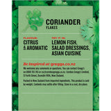 Greggs Coriander Flakes, vibrant dried leaves with citrus flavor, perfect for enhancing Asian and Mexican dishes.