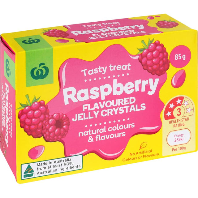 Woolworths Raspberry Jelly Crystals, 85g pack, ideal for delicious desserts with natural ingredients and no artificial additives.