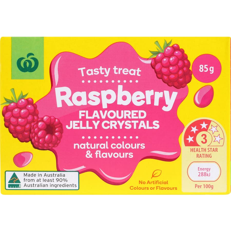 Woolworths Raspberry Jelly Crystals, 85g pack, perfect for desserts, free from artificial flavors and easy to make.