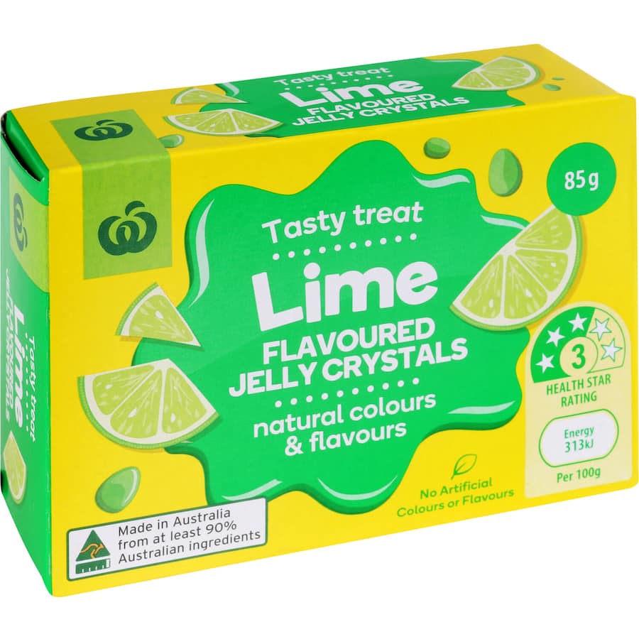 Woolworths Lime Jelly Crystals pack, 85g, featuring natural ingredients for a refreshing dessert treat without artificial colors.