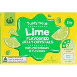 Woolworths Lime Jelly Crystals pack showcasing a vibrant green color, perfect for desserts and versatile culinary creations.