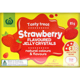 Bright pink Woolworths Jelly Crystals showcasing strawberry flavor, ideal for creating easy and delicious desserts.