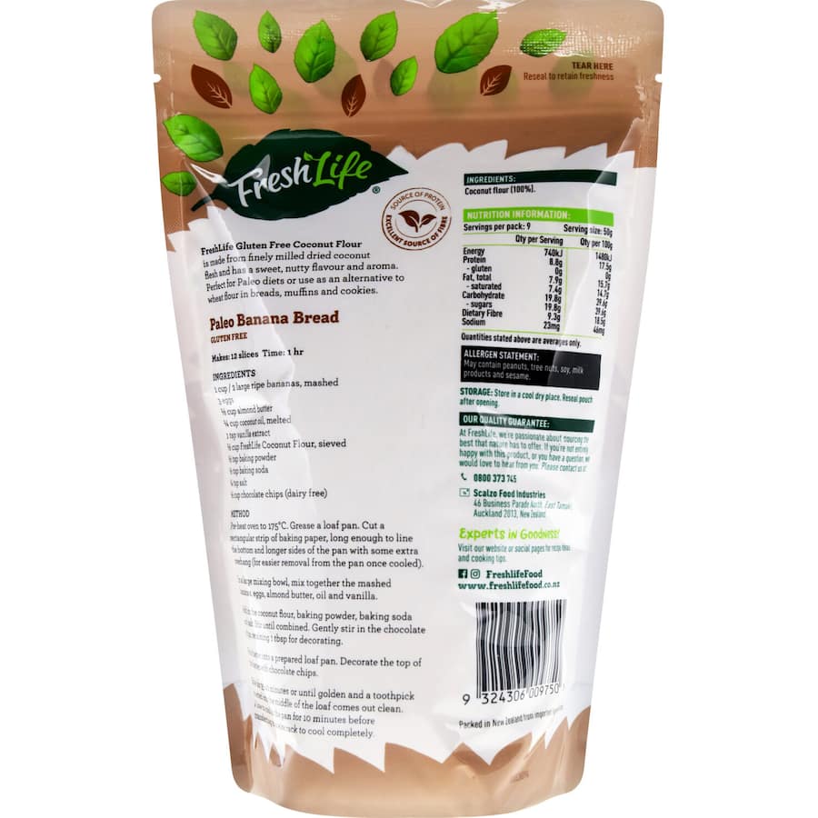 Freshlife Coconut Flour Gluten Free, finely milled coconut flour for gluten-free baking, rich in fiber and protein, versatile and nutritious.