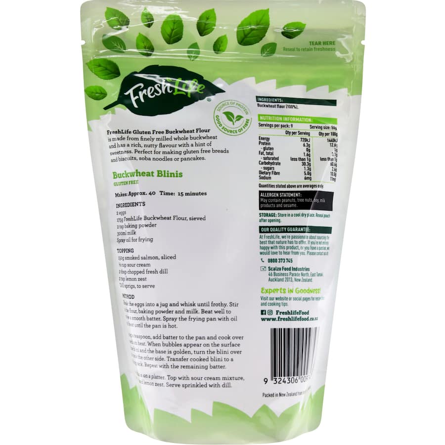 Freshlife Buckwheat Flour 450g, gluten-free, rich in protein and fiber, perfect for baking breads, pancakes, and noodles.