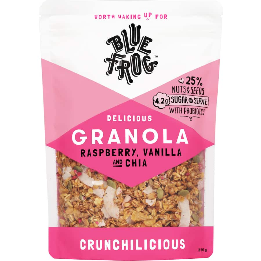 Blue Frog Granola Raspberry & Vanilla: plant-based, low sugar, vibrant raspberries, sweet vanilla, perfect for guilt-free breakfasts.