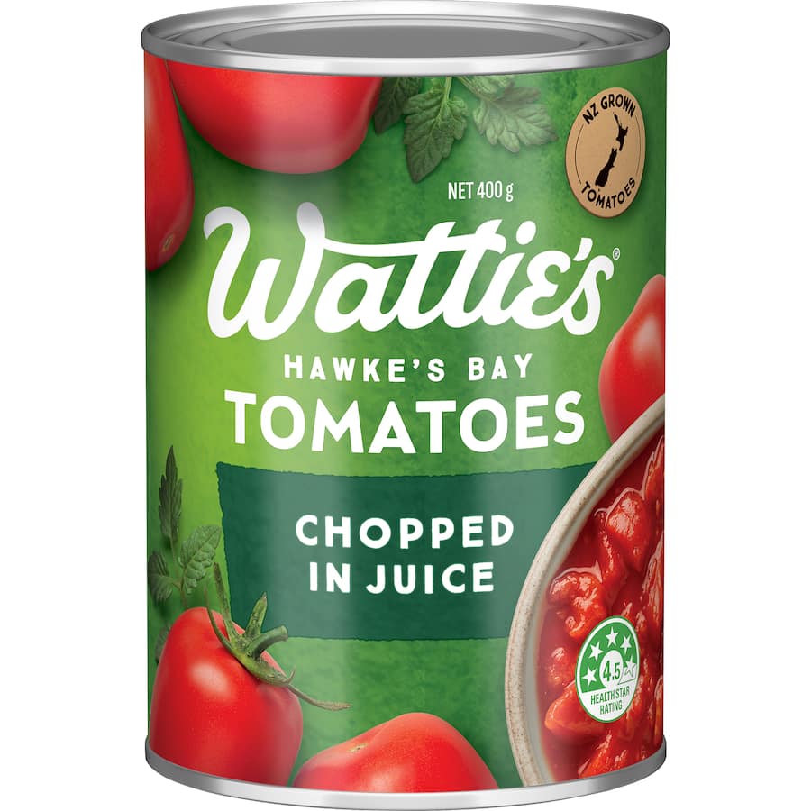 Wattie's Chopped Tomatoes in Juice, perfect for pasta, stews, and curries, packed with ripe flavor and no preservatives.