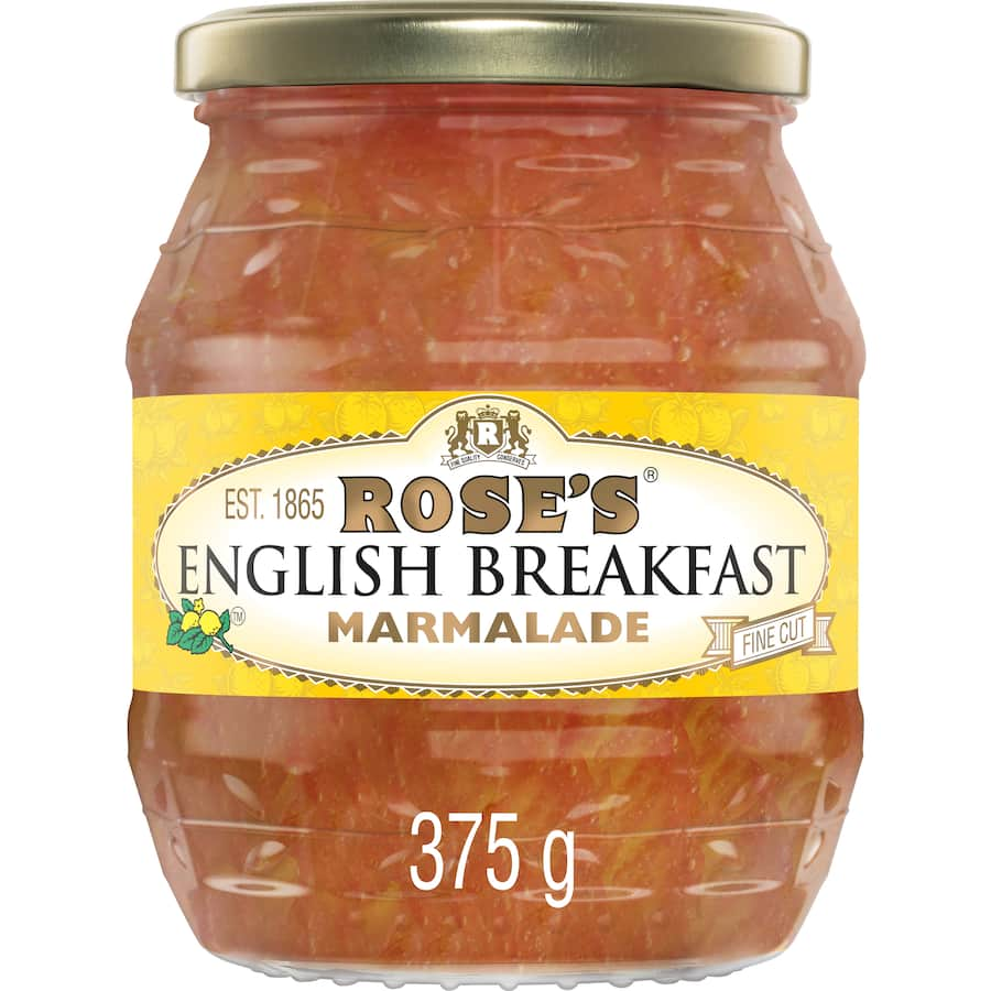 Jar of Rose's Marmalade English Breakfast, a tangy citrus spread perfect for toast, scones, and baking.