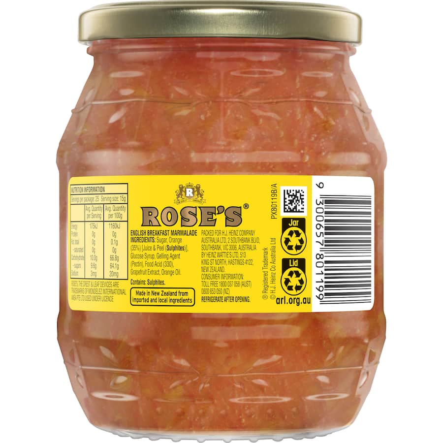 Jar of Rose's Marmalade English Breakfast, a tangy citrus spread perfect for scones, toast, and baking, adding charm to mornings.