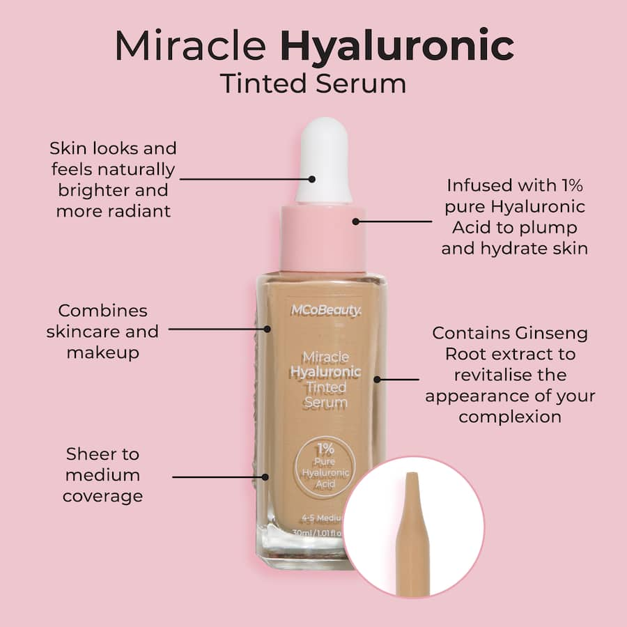 Hyaluronic tinted facial serum in Light Medium, providing lightweight hydration and buildable coverage for a radiant complexion.