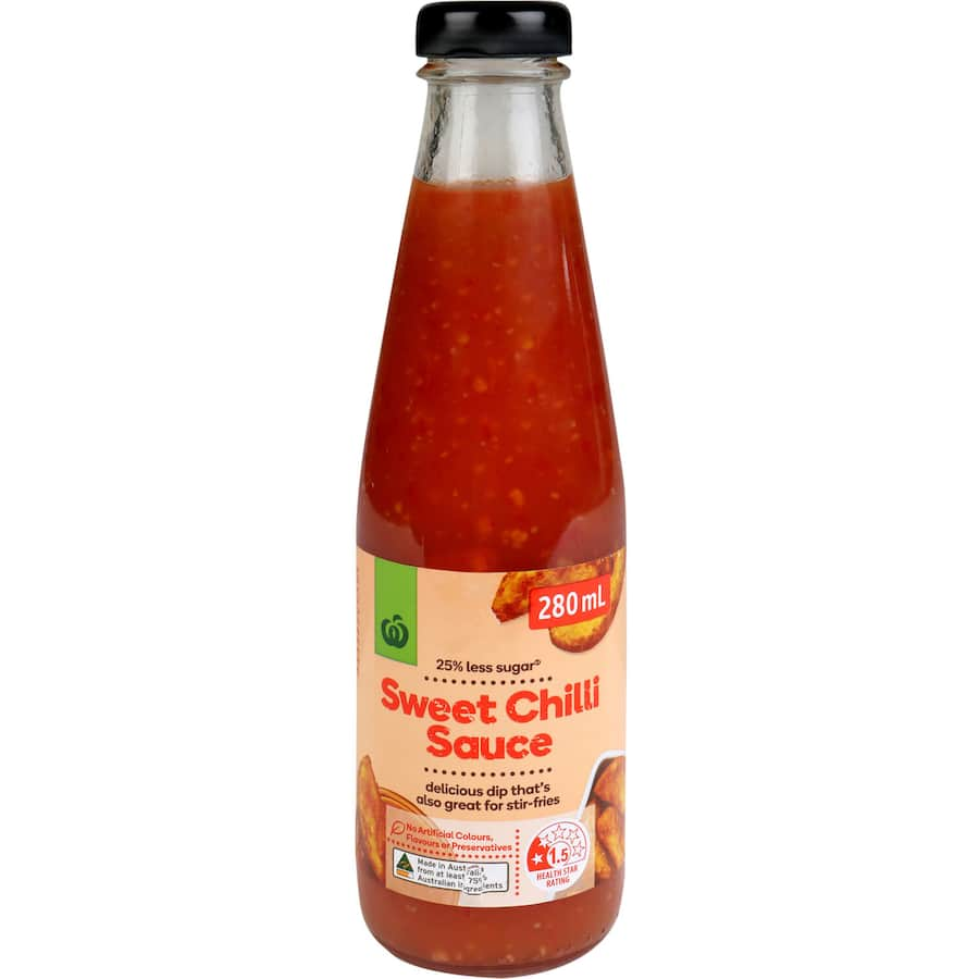 Woolworths Sweet Chilli Sauce in a 280ml bottle, featuring spicy red chillies and garlic for dipping and cooking.