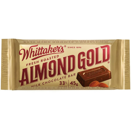 Whittaker's Almond Slab, a creamy 33% cocoa chocolate with crunchy Californian almonds and a hint of caramel.