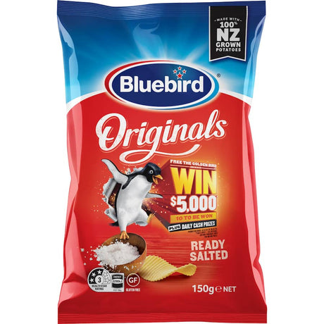 Bluebird Originals Ready Salted Chips - classic crunchy potato chips made with NZ-grown potatoes, vegan-friendly, no artificial flavors.