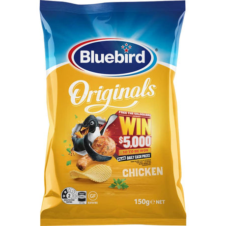 Crunchy Bluebird Originals Chicken Chips, made from NZ potatoes, delivering delicious chicken flavor without artificial colors.