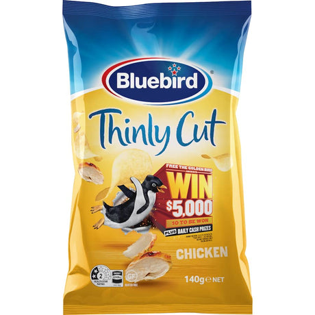 Bluebird Thin Cut Chips Chicken in a bag, showcasing crispy chips made from New Zealand potatoes with a savory chicken flavor.