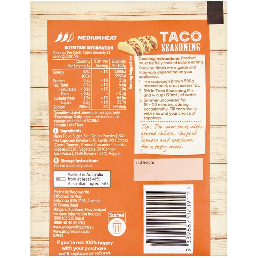 Woolworths Mexican Taco Seasoning pack featuring a blend of spices for authentic tacos, enchiladas, and more.