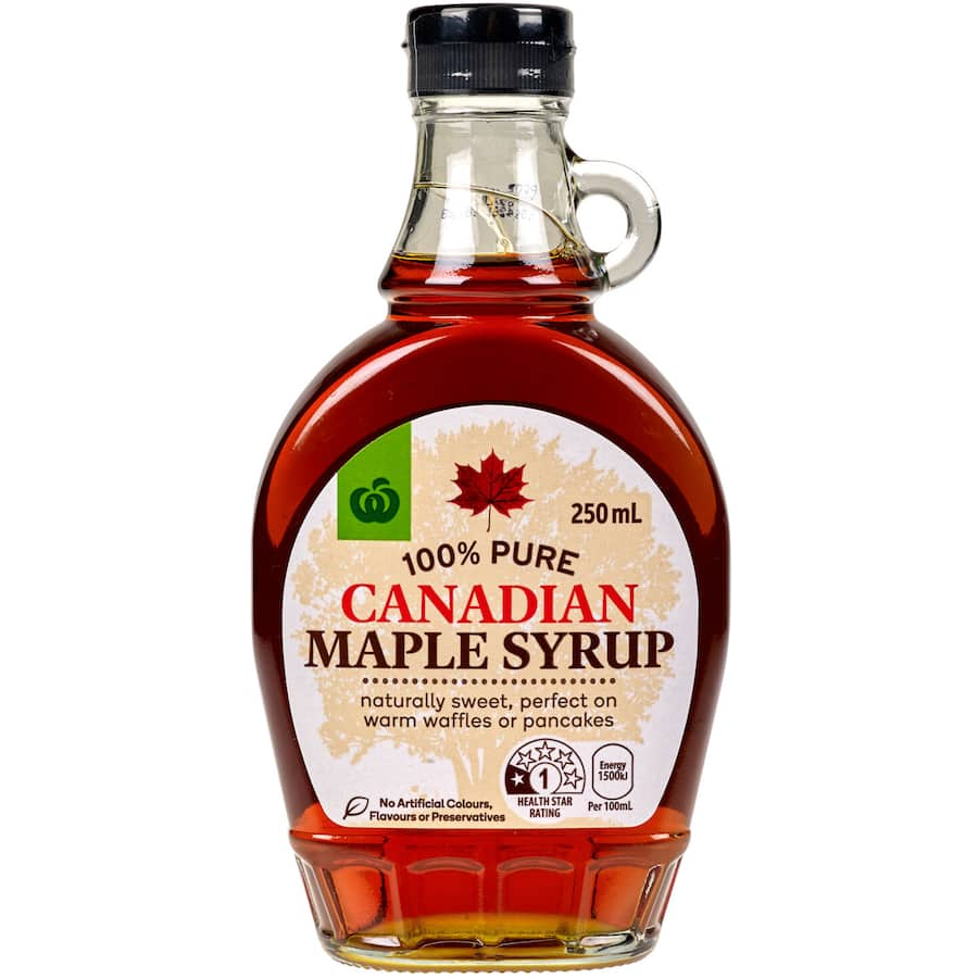 Woolworths Maple Syrup, 250ml bottle, pure maple syrup with rich caramel flavor for pancakes, waffles, and desserts.