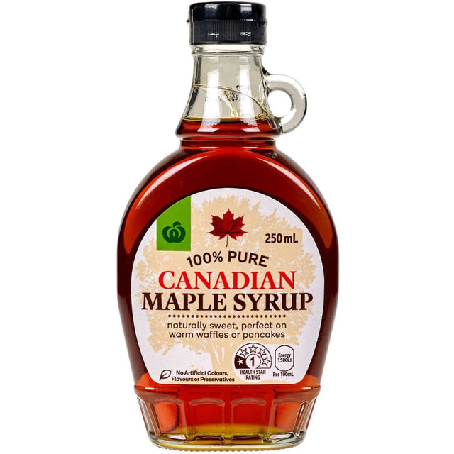 Woolworths Maple Syrup, 250ml bottle, pure maple syrup with rich caramel flavor for pancakes, waffles, and desserts.