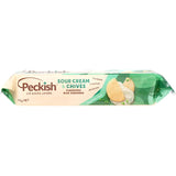 Crispy Peckish Rice Crackers in Sour Cream & Chives flavor, perfect for snacking or dipping, gluten-free and flavorful.