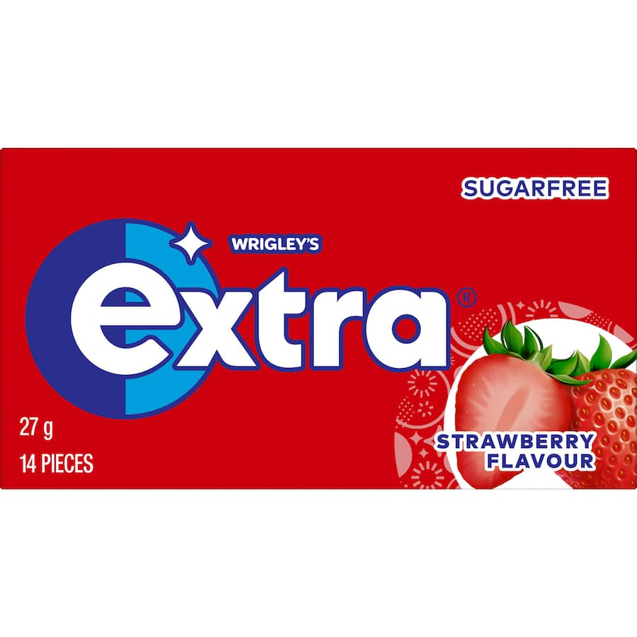 Wrigley's Extra Strawberry Chewing Gum 27g pack, featuring sugar-free gum that promotes oral health and freshens breath.