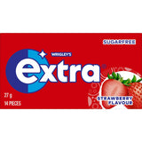 Wrigley's Extra Strawberry Chewing Gum 27g pack, featuring sugar-free gum that promotes oral health and freshens breath.