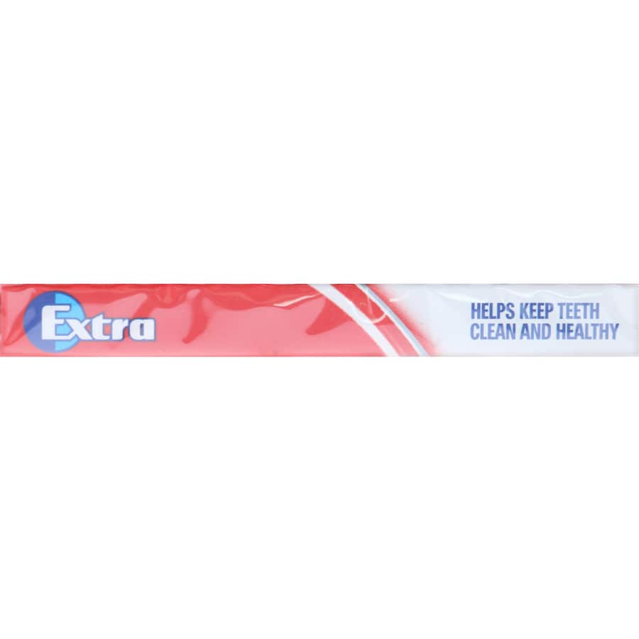 Wrigley's Extra Strawberry Gum pack, 27g, highlighting its sugar-free, mouth-cleaning, and dental health benefits.