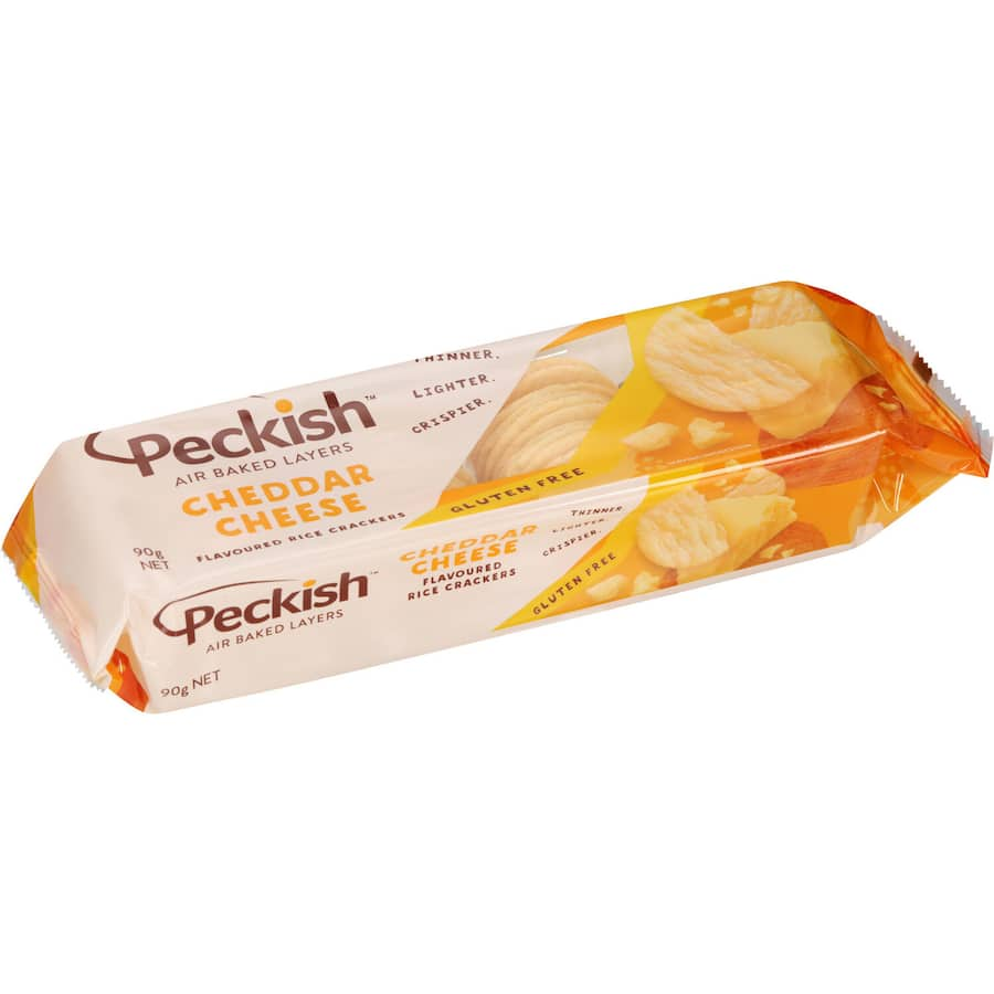 Peckish Rice Crackers with cheddar cheese, offering a crunchy, gluten-free snack perfect for any occasion.