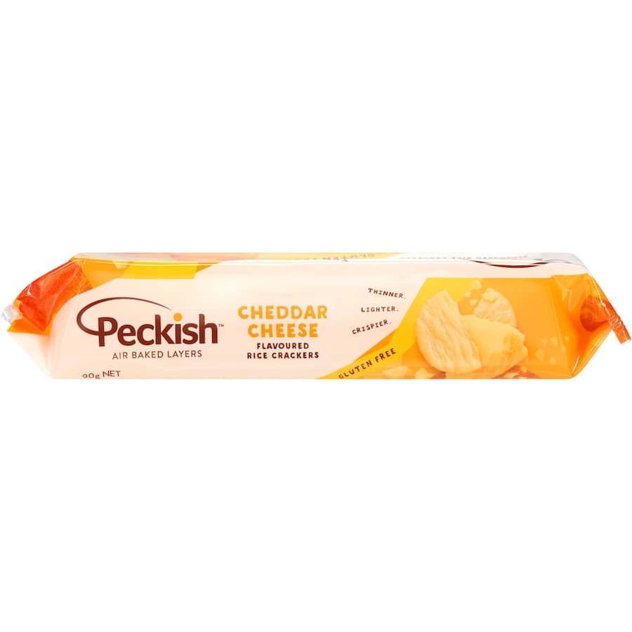 Peckish Rice Crackers with Cheddar Cheese, gluten-free gourmet snacks with a satisfying crunch and rich cheese flavor.