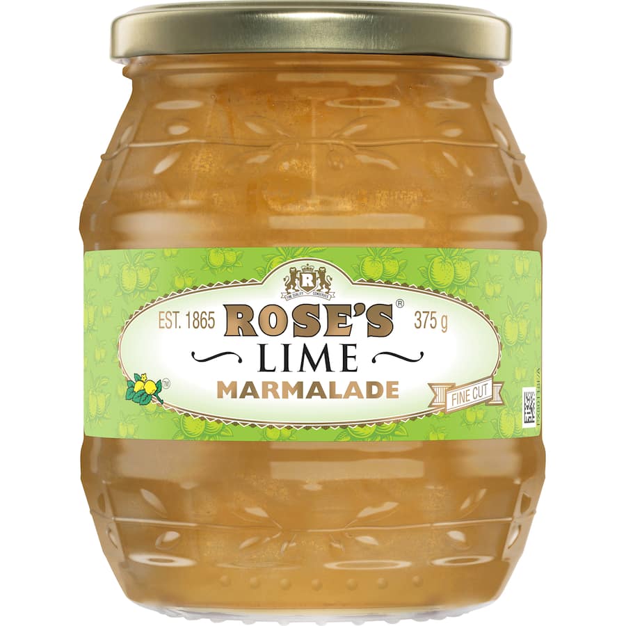 Jar of Rose's Marmalade Lime, a fine cut spread featuring zesty lime flavor, perfect for baking, glazes, and breakfast treats.