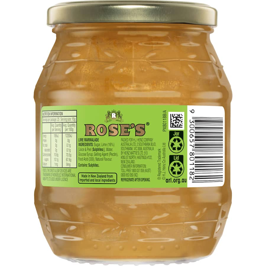 Vibrant Rose's Marmalade Lime spread, perfect for baking, glazes, and breakfast with tangy sweetness on toast.