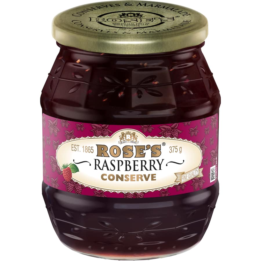 A jar of Rose's Jam Conserve Raspberry, showcasing its vibrant color and label, ideal for enhancing dishes and desserts.