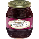 A jar of Rose's Jam Conserve Raspberry, showcasing its vibrant color and label, ideal for enhancing dishes and desserts.