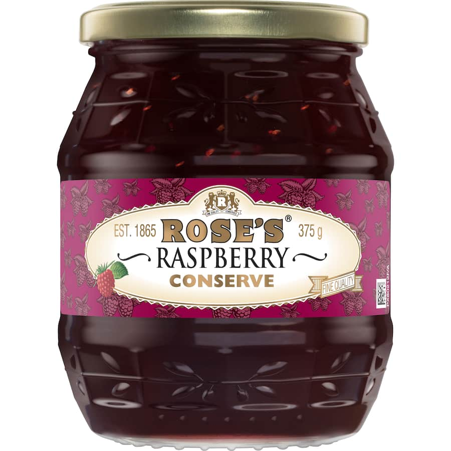 Rose's Jam Conserve Raspberry in a jar, showcasing vibrant raspberries, perfect for toast, desserts, and savory dishes.