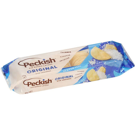 Peckish Rice Crackers Original, gluten-free and low-fat, crunchy snack ideal for dips or solo enjoyment. Perfect for any occasion!