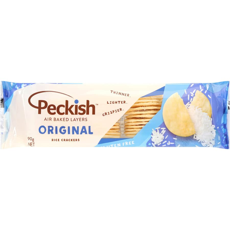 Peckish Rice Crackers Original, gluten-free and low-fat, perfect for pairing with dips or enjoying as a light snack.