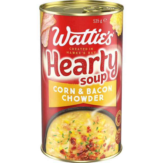 Wattie's Corn & Bacon Chowder canned soup, rich in creamy flavor with corn, potatoes, and bacon, 97% fat-free, perfect for quick meals.