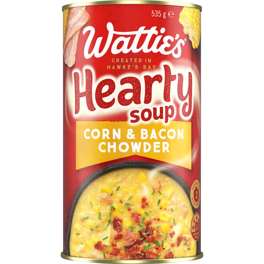 Canned Wattie's Corn & Bacon Chowder featuring sweet corn, potatoes, cream, and savory bacon; 97% fat-free and hearty.