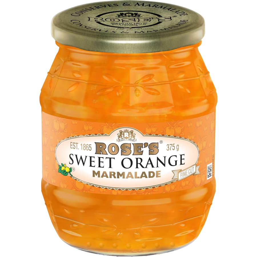 Jar of Rose's Sweet Orange Marmalade, showcasing vibrant orange color and artisanal texture, ideal for breakfast and baking.