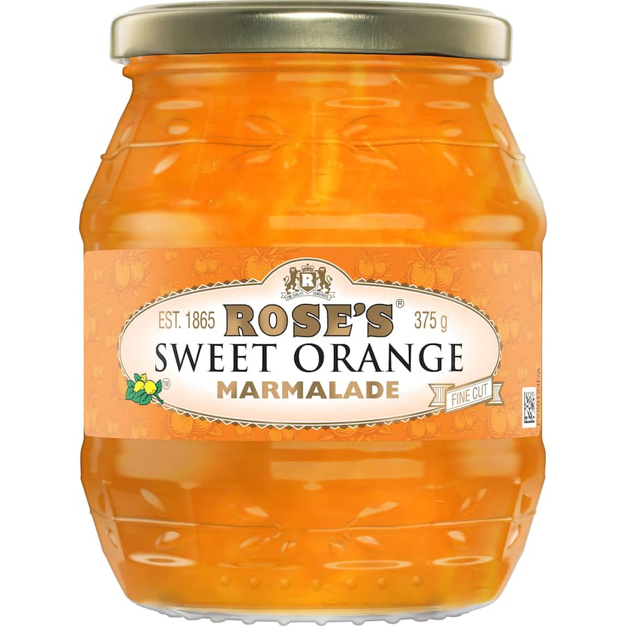 A jar of Rose's Sweet Orange Marmalade, packed with citrus sweetness, perfect for baking, glazing meats, or spreading on toast.